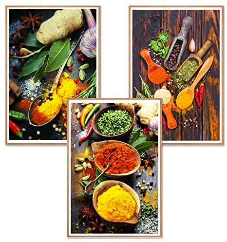 EXQUILEG 3er Poster Set Küche Löffel Gewürzen Pfeffer Bunte Malerei Wandbild Bilder und Kunstdrucke auf Leinwand Wanddeko für Esszimmer Restaurant Wohnzimmer Ohne Rahmen (A,30 * 40cm)