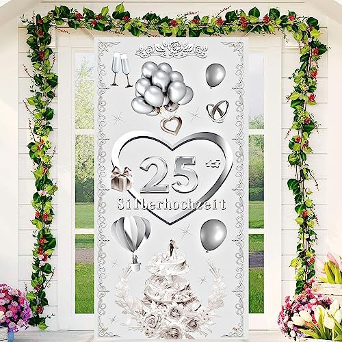 RUMIA 25. Silberhochzeits Banner 25. Silberhochzeit Dekor 25. Jahrestag Tür Banner Innen Außen 25. Silberhochzeit Party Dekoration 72.8 * 35.4 Zoll