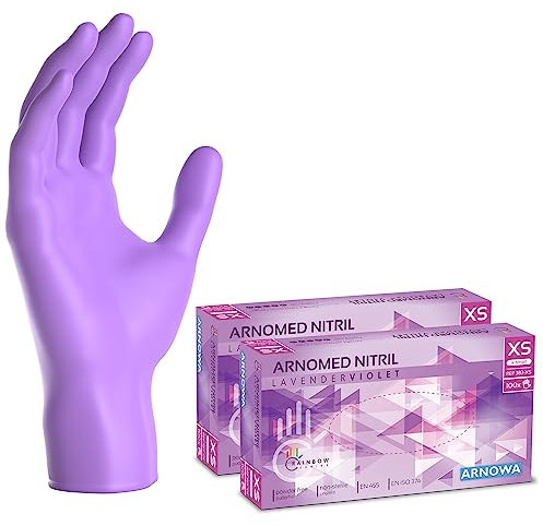 ARNOMED gants jetables violet, gants nitrile taille XS, gant jetable 200 pièces (2 boîtes), gants en nitrile non poudrés & sans latex, gants jetable cuisine, gants a usage unique en XS, S, M, L & XL