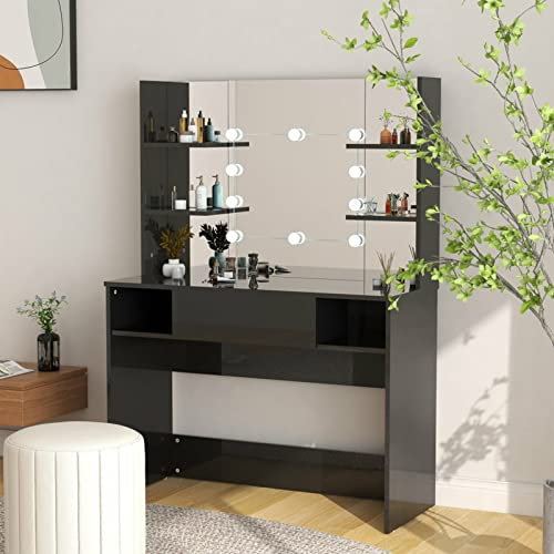 LAPOOH Schminktisch mit LED-Beleuchtung, Schminken Tisch, Frisiertisch, Kosmetiktisch, Schminkkommode, Schmink Tisch, Make Up Tisch, 100x40x135 cm MDF