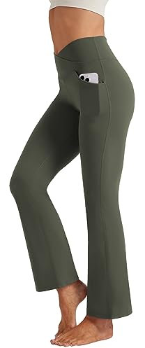 Friptspyg Hose Damen Flared Leggings V High Waist Schlaghose Elegant Jogginghose Stretch Yogahose mit Taschen Sporthose, Armee Grün 2XL