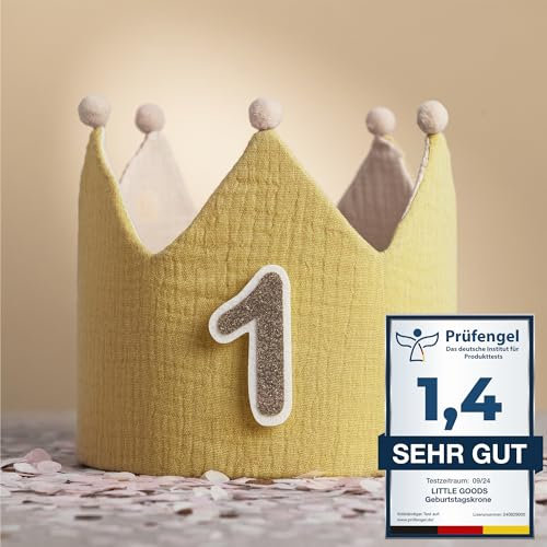 Little Goods Geburtstagskrone für Kinder - wendbare Musselin-Stoffkrone mit austauschbaren Zahlen 0-9 - Krone für Jungen und Mädchen, Pastell - Gelb - Beige