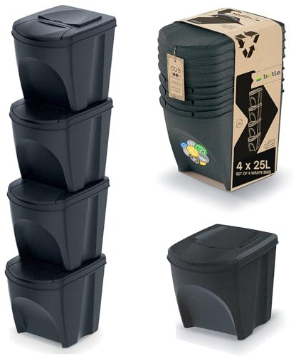 Lot de 4 poubelles + autocollants colorés avec marquages du type de tri des déchets ECO – Lot de 4 poubelles de 25 l en anthracite à empiler Compactes et faciles à trier les déchets ménagers Bois
