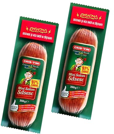 CRIS-Tim Mini Salam Sasesc 350g Sausage| Romanian Boiled and Smoked Pork and Beef Meat | Durable and Long-Maturing Sausage | Addition of Finely Chopped Bacon and Spices (Mini Sasesc 350g, 2 Pack)