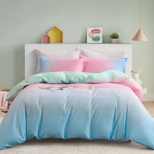 Guchuang Bedding Blue and Pink Bedding Set Double Size Ombre Rainbow Duvet Cover Soft Brushed Microfiber Quilt Cover for Kids Girls Teens Adults with 2 Pillowcases Zipper Closure 200x200cm