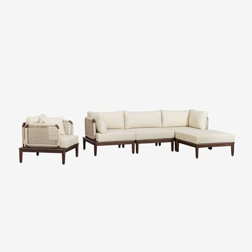 SKLUM 3-teiliges modulares Gartensofa mit 2 Ecksesseln, Hocker und Sessel aus Akazienholz Giulia -