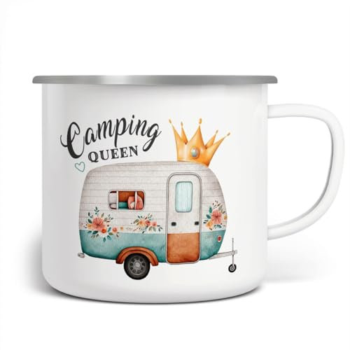 MIKALINO Emaille Tasse Personalisierte Camping Queen Emaille Tasse, Vintage Wohnwagen Design, Geschenk für Camper, Outdoor Kaffeebecher, Floral, Tasse mit Namen - Tasse bedruckt