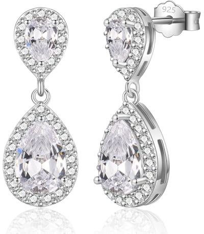 USEEDOVIA Ohrringe Tropfen Glitzer Ohrstecker AAA Zirkonia Stecker Silber 925 Wassertropfen großer Anhänger Weiß Vergoldet Hochzeit Schmuck Braut Wedding Bride