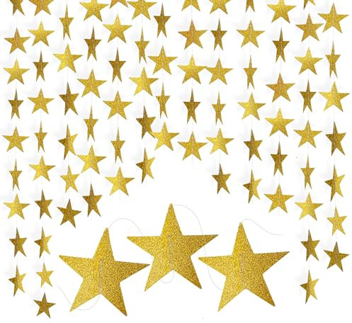 G2PLUS Gold Glitter Star Garland, 16m Sparkling Paper Hanging Decoration for Twinkle Little Star Party, Birthday, Wedding Theme, Room Decor