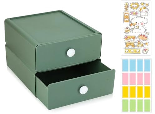 DIBALIYI 2 PCS Desktop Storage Boxes, Stackable Organiser with 2 Drawers, Plastic Desk Makeup Organizer With 2 Tabs, Small Office Storage for Stationery Supplies, Cosmetic, Dorm, Bathroom (2 *Green)