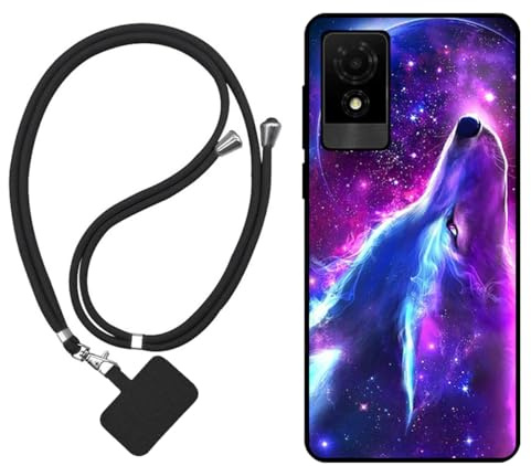 Sunrive Case compatible with TCL 501, Ultra Slim matte Soft Premium TPU Silicone Back Rubber Bumper Protector Patterns Cover(Wolf,Moon,Stars)+1 x Phone Lanyard
