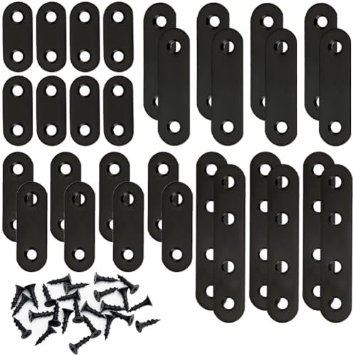 GORGECRAFT 30Pcs 4 Sizes Flat Plate Straight Bracket Black Metal Mending Plate Corner Brace Brackets Connector Repair Fixing Joint with 72Pcs Screws for Wood Furniture Shelf 16x36mm/46mm/56mm/76mm