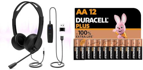 USB Headset with Microphone, 3.5mm/USB Jack 2-In-1 Computer Headset & Duracell Plus AA Batteries (12 Pack) - Alkaline 1.5V - Up To 100% Extra Life