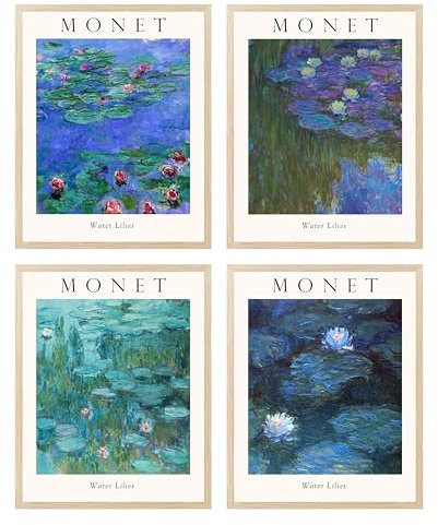 Claude Monet Wall Art Set of 4-8x10 Framed Art Posters, Blue Water Lilies Prints Pictures, Famous Paintings Wall Decor for Bathroom Living Room