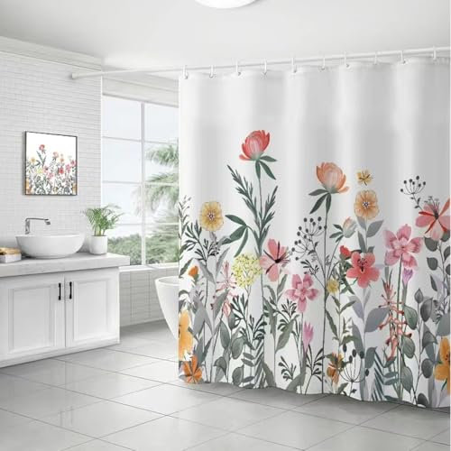 Geblümter Duschvorhang mit rosa Blumen und grünen Pflanzen, waschbare botanische Badvorhänge mit Retro-Blumenbild, inklusive 12 Haken, für Badezimmerdekoration 180 x 200 cm