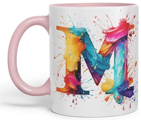 Vixar Letter M Mug, Alphabet Letter M Monogram Watercolour Ceramic Coloured Mug Cup for Tea Coffee Hot Brew 330ml 11Oz Gift (Pink)