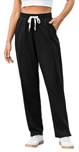 Crewhpo Pantalon Jogging Femme en Coton Pantalon de Sport Couleur Unie Bas de Jogging Large avec Poches Pantalon de Décontracté pour Running Fitness Training S-XXL