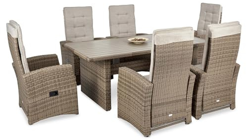 di volio Gartenmöbel-Set Polyrattan für 6 Personen mit Esstisch Rawena | 6 verstellbare Sessel, Kunstholz-Tischplatte, imprägnierte Kissen, Stahlrahmen, UV-beständig, wetterfest, Terrasse, Garten