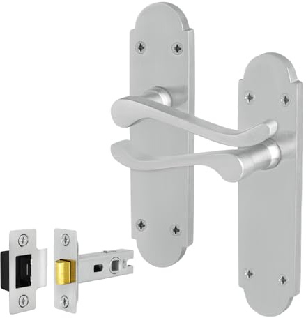 EAI Satin Chrome Door Handles with Latch 64mm - Victorian Scroll | Complete Latch Kit with 1 Pair of Victorian Scroll Lever on Backplate Door Handles, 64mm Latch, Fixings Included