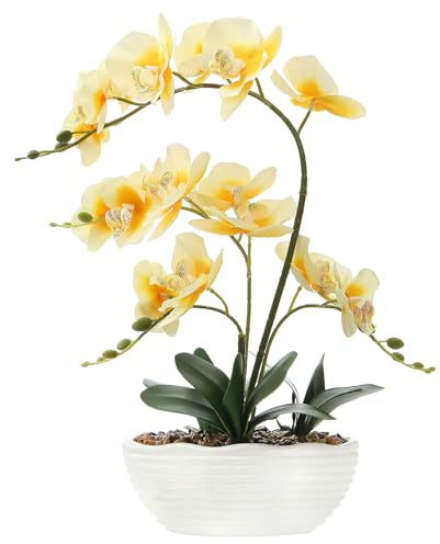 Large Silk Orchid in Wave Pot 19 Phalaenopsis Centerpiece Table, Yellow | Lifelike Orchid Arrangement with 4 Stems and 14 Full Blooms, Wave-ribbed White Pot for Living Room Office Shelf Gifting