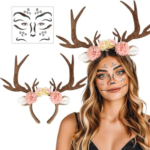 iZoeL Karneval Kostüm Damen Mädchen, Haarreif Reh Groß Geweih Hörner mit Blumen + Reh Gesichtstattoo, Damen Kinder Reh kostüm Kopfschmuck Haarreifen Fasching Mottoparty Halloween kostüm