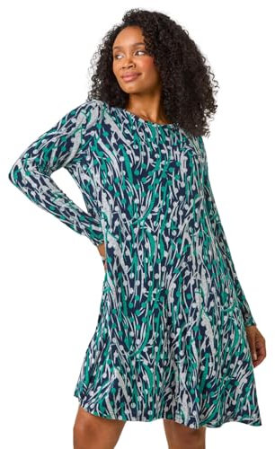 Roman Originals Tunic Dress with Pockets for Women UK Ladies Swing Fit & Flare Skater Slouch Stretchy Casual Smart Winter Jersey Pull On Work Office 3/4 Long Sleeves - Petite Pine - Size 14