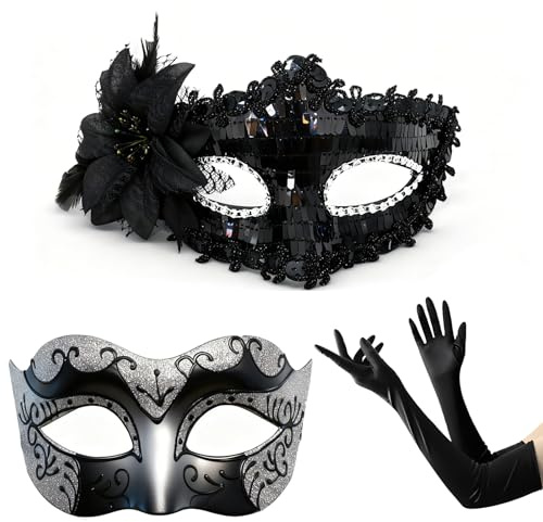 PVFZXS 2 Stück Venezianische Maske Damen Herren und Schwarze Handschuhe, Venezianische Maske Herren Maskenball für Damen Herren Halloween Karneval Party Kostüm
