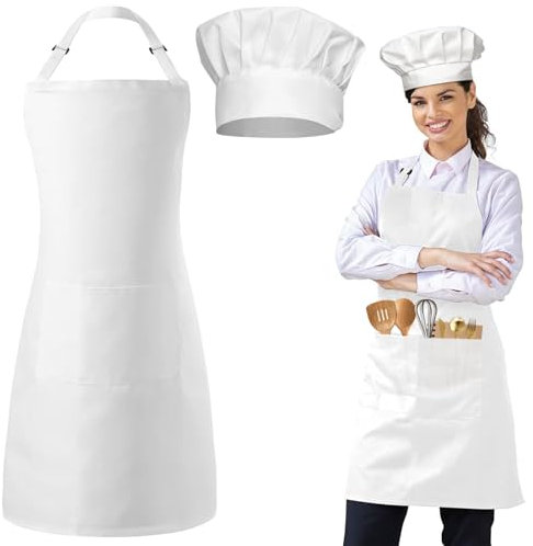 CHRI Kochmütze Schürze Set weiß Küchenschürze Verstellbare Kochschürze mit Taschen für Männer Frauen Küche Kochen Backen BBQ