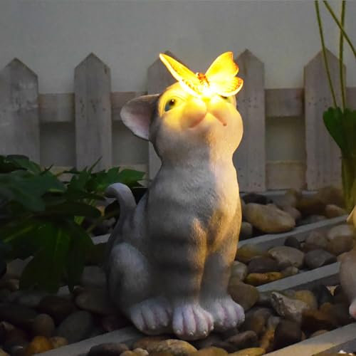 WUHUHAI Solar Cat Statue Garden Ornaments Outdoor Decorations, Garden Kitty Figurine Decor with Butterfly, 5 LED Solar Lights for Home Decors, Patio, Yard, Balcony Unique Gifts for Mum/Grandma