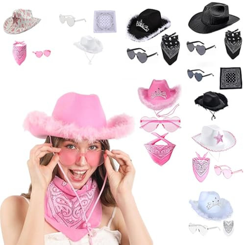 Generisch Cowboy Hut Pink Cowgirl Kostüm Damen Cowboy Hut Frauen Pinker Cowboyhut Mit Cowboy Halstuch Herz Brille 3 Stück Faschingskostüme Cow Girl Outfit Karneval Accessoires Für Party Cosplay