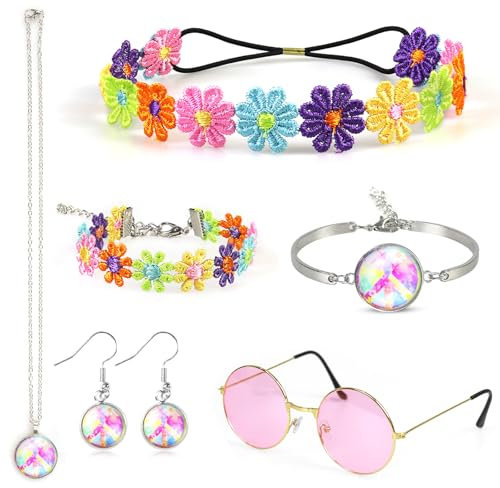 Oerphh Hippie Kostüm Damen Set 7-teilig,70er 60er Jahre Hippie Accessoires mit Peace Zeichen Kette Ohrringe Armband Blumen Haarband Hippie Brille,Hippie Kleidung Damen,Karneval Fasching Verkleidung