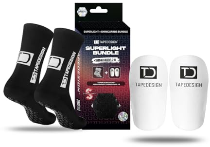 TAPEDESIGN – Bundle Superlight Grip Socks + Shinguards 2.0 – Ultraleichte Fußball Socken mit Anti-Rutsch Noppen & anpassbare Schienbeinschoner – Perfekter Halt für Fußball, Training & Wettkampf