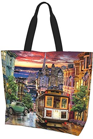 DNBCLEZK San Francisco Schultertasche aus Polyester, große Tasche, Shopper mit trendigen Drucken, Uni, für den täglichen Gebrauch für Damen und Herren (mehrere Muster-Designs), Schwarz