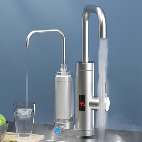 UUE Elektrischer Wasserhahn, Küchenarmatur mit Wasserfilter System, 3300W Mischbatterie Küche, LED Elektrischer Wasserhahn Edelstahl, 360° Swivel Warmwasserboiler Küchenarmatur