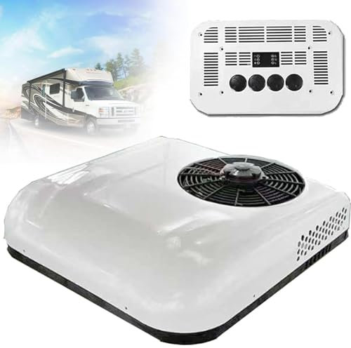 Climatiseur Toit 12V/24V CC pour Camping-Car,Unité Climatisation Toit - sans Conduit,Refroidissement,Climatisation Stationnement avec Télécommande,pour Camping-Cars/Camions/Bus etc,White-12V
