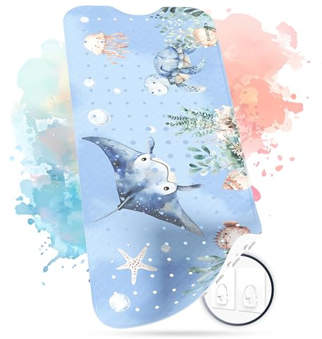 SilverRack Badewannenmatte Kinder rutschfest 100x40cm BPA frei | Antirutschmatte Badewanne, Badematte Kinder, für Baby & Kinder, Rochen Unterwasserwelt Blau rechts