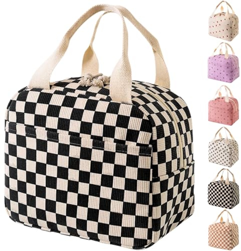Arae Lunch Bags for Women Reusable - Large Insulated Lunch Box Lightweight Tote for Work, Travel, Beach & Daily Use, Chequered