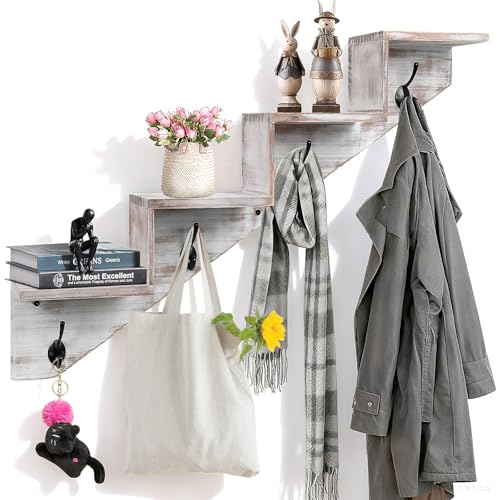 Hookmous Coat Rack Wall Mount with Shelf, White Wall Shelf with Hooks, Sturdy​​ Wooden Rise Staircase Shelves, Space-Saving Decorative Organizer for Entryway, Mudroom, Hallway, Living Room, Bedroom