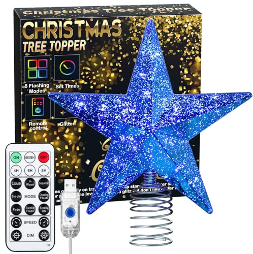 Puntale per albero di Natale blu con luci, 21,6 cm, con telecomando, 4 livelli di luminosità e 8 modalità di luce, design con glitter finto mercurio con 20 luci