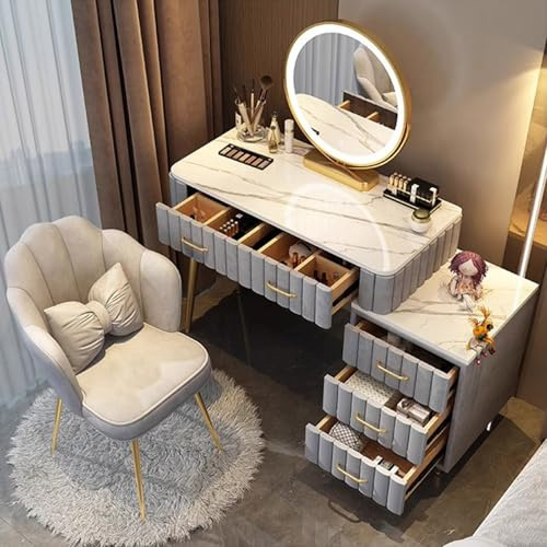 MiaJJooLi Schminktisch Granitplatte mit Spiegel/Samtstoff Stuhl, Frisiertisch Kosmetiktisch mit 5 Schubladen Massivholz,Schlafzimmer Frisierkommode für Mädchen
