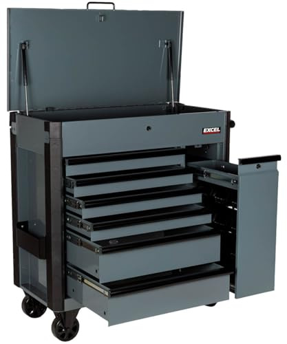 Excel 38 Heavy Duty 6 Drawer Tool Cabinet with Multi-Bin Organiser, Lockable Roller Tool Chest for Garage & Workshop Storage, Black & Grey