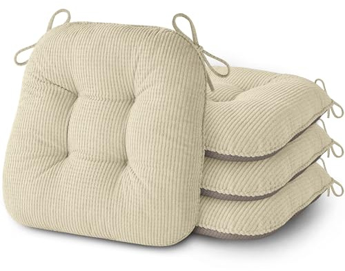 AddGrace Sitzkissen für Esszimmerstühle mit Bändern 43x40cm 4er Set Beige | Texturierter Stoff, Stepp-Design, Küchensitzkissen mit rutschfester Unterseite für sicheren Halt, für Küchen-Esszimmerstühle