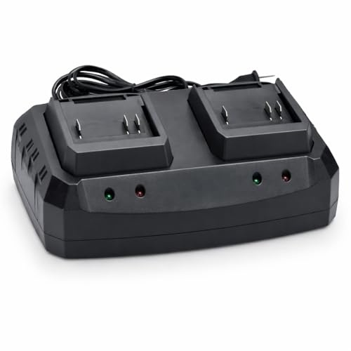 Topolenashop Doppio Caricabatteria 21V per Batterie al Litio – Caricatore con 2 Porte di Ricarica e LED di Stato, per Motosega, Soffiatore e Utensili Elettrici Compatibili | VP10195
