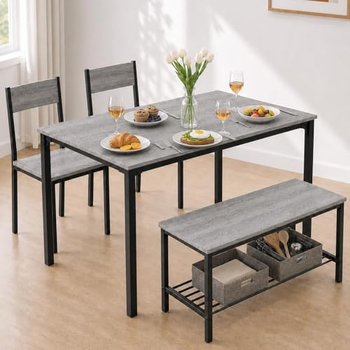 ARTETHYS Dining Table and Chairs Set 4, Kitchen Table with 2 Chairs Bench | Space Saving Small Wooden Table with Metal Frame, Storage Rack for Home Apartment Dining Room Furniture, Grey