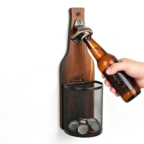 Bieröffner Wand mit Kronkorkensammler, 25 cm Flaschenöffner Wandmontage Vintage Wandflaschenöffner Hölzerner Flaschenöffner mit Auffangbehälter aus Metall für Bar, Party, Küche, Freien