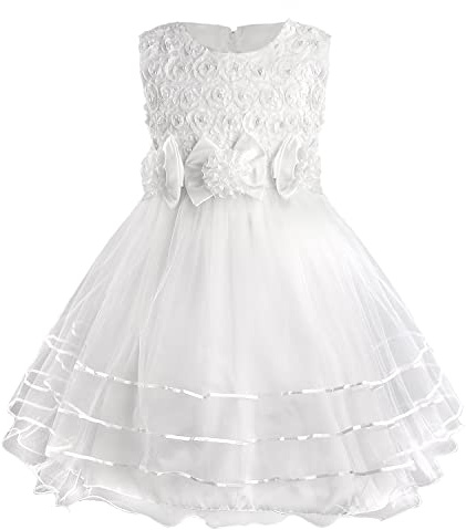 Discoball Girls Princess Dress Rose Flower Bow Tie Party Dresses Tulle Wedding Dresses Bridesmaid Christening Elegant Formal Dress for Girls (8-9 Years) White