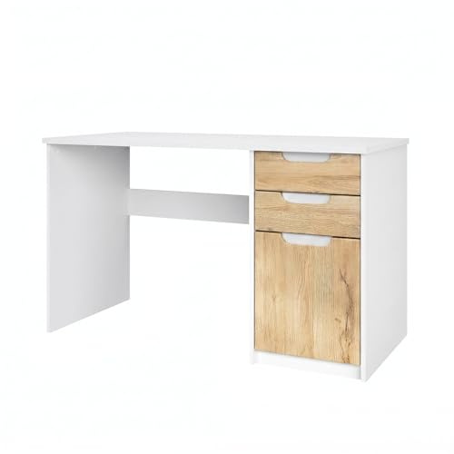 Vladon Schreibtisch Logan, Made in Germany, Bürotisch mit 2 Schubladen und 1 Tür, Weiß matt/Eiche Natur (129 x 76 x 60 cm)