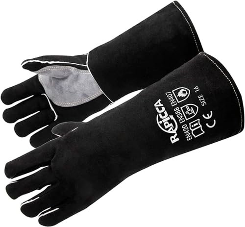RAPICCA Guantes de soldadura de cuero Forge/Mig/Stick resistentes al calor/fuego, guantes para horno/parrilla/chimenea/horno/soldador/barbacoa/guante de manipulación de animales Negro 35.5cm