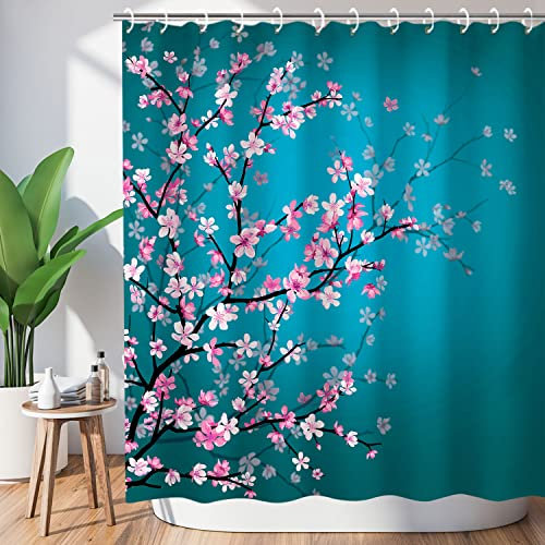 LIVILAN Rideau de Douche Japonais en Forme de Cerisier avec 12 Crochets - Bleu Sarcelle et Rose - 183 x 183 cm (l x H)
