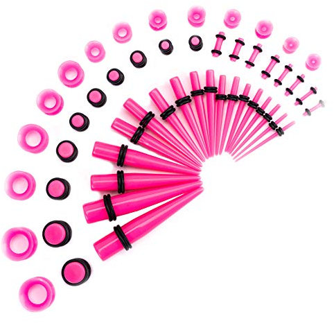 LLGL-EU Ohr-Stretching-Kit 50 Stück 14G-00G Ohr Messgeräte Expander Set Acryl Verjünger und Stecker & Silikon Tunnel Piercing-Schmuck-Set (Pink)